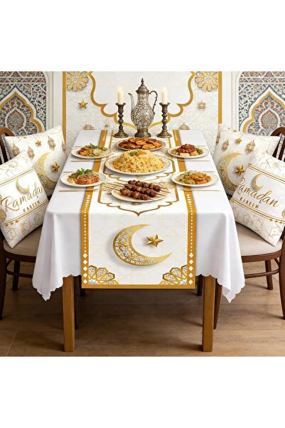 Yoawllty طقم ديكور رمضاني أبيض يتضمن مفرش طاولة طويل و4 أغطية وسائد لغرفة الم...