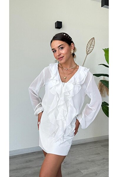 FORSACE Kadın V Yaka Önü Fırfır Detaylı Şifon Uzun Kollu Atletli Gömlek