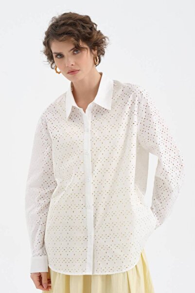 tw3 Women's Laser Cut Fabric Long Sleeve Design Shirt