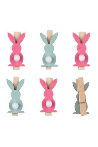 SHOPIENS Set de cleme de Paște din lemn cu pompoane iepurașe 5 cm - 6 buc