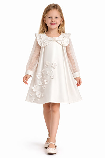 damasquino Girl's Ecru Floral Appliqué Dress – Elegant Special Occasion Model...