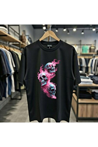 playwear Μπλουζάκι με στάμπα ροζ τριών κρανίων, 100% βαμβακερό, oversized, χα...