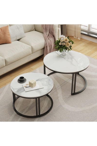 FOXMAG24 Комплект от 2 вдлъбнати масички за кафе, метална рамка, плот с мрамо...