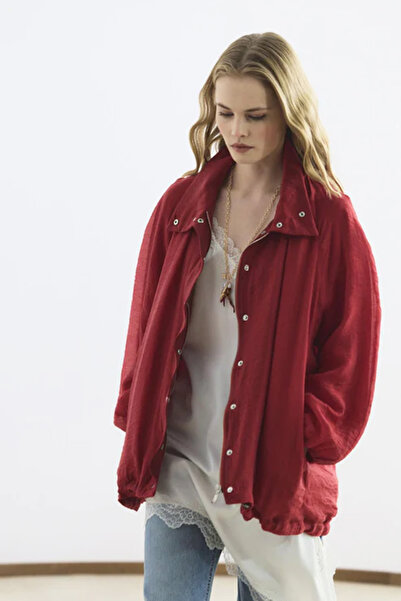 Lale Butik Kadriye Baştürk Mock Neck Ruched Bomber Jacket 710 Red