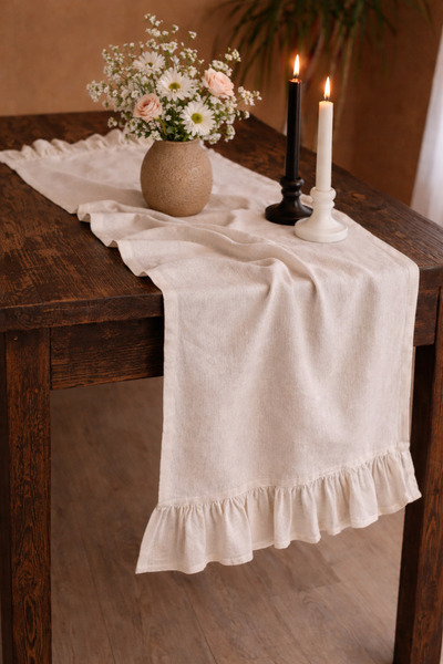 SADEN HOME American Ham K Linen Fabric Ruffled Decorative Ru Table Runner 0X1...