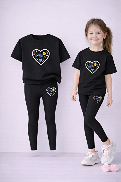 VODEXA Set tricou și colanți elastici pentru fete, 100% bumbac, imprimeu BLAC...