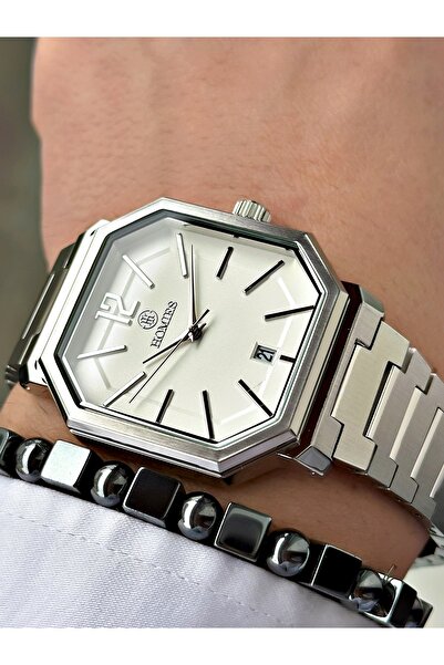 Homies ساعة يد رجالية بحزام فولاذي مثمن اللون فضي + سوار هدية