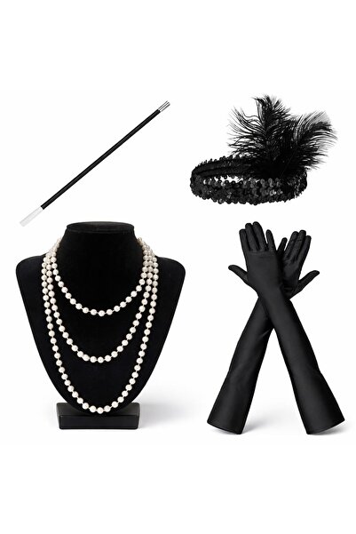 Skygo 1920S Charleston Accessory Set – Pearl Necklace, Gloves, Holder, Black ...