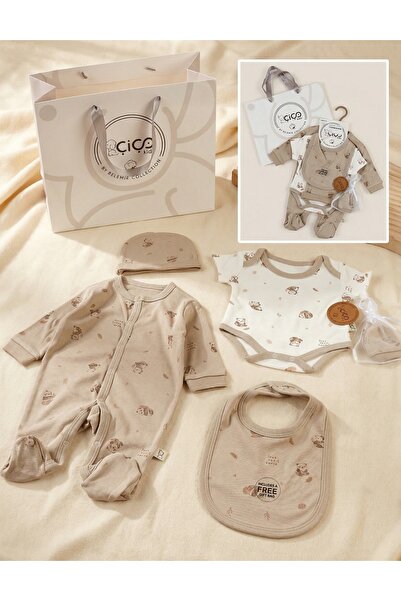 MiniKids 5-piece gift set, panda print, beige