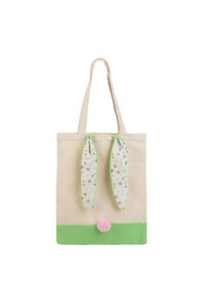 SHOPIENS Geantă cadou textilă bej cu urechi verzi și pompon roz 30 x 38 cm