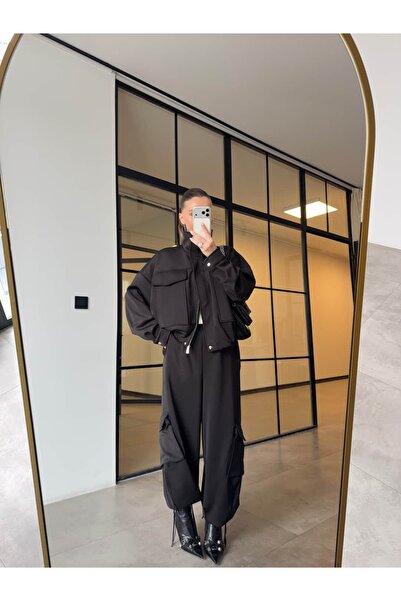 BB Bensu Buyruk طقم بنطلون كارجو بياقة واسعة وواسعة عند الخصر CE بجيوب