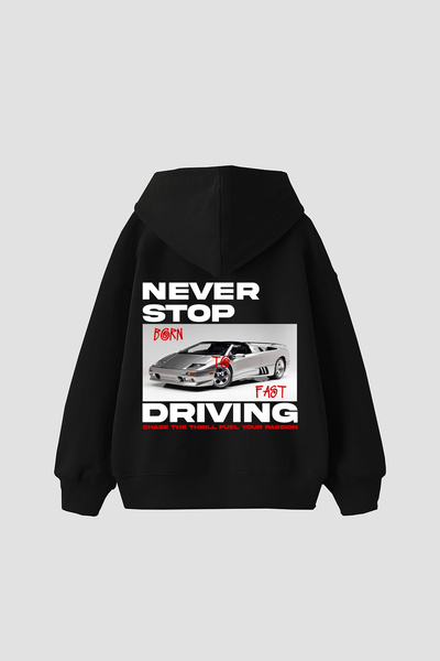 Bak Moda Never Stop Printed Oversize Unisex Black Hoodie