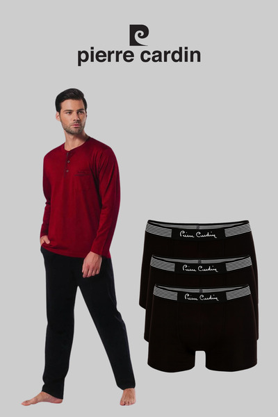 Pierre Cardin Men's Burgundy Cotton Piece Dowry Boxed Pajama Set 3-Piece Boxe...