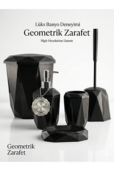 QUKA Moon Rise Siyah 5 Parça Banyo Seti Diamond Tasarım Çöp Kovası Wc Fırçası...