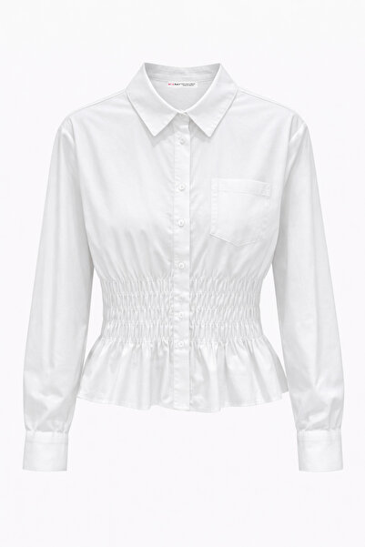 Mixray 4842 women's cinched waist long sleeve Poplin shirt white
