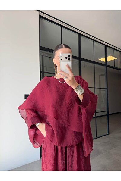 BB Bensu Buyruk Cape Detail t Sheer Blouse Bordo