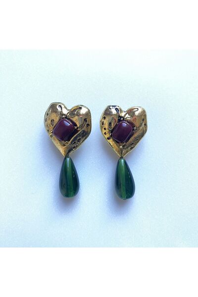 GOX Green Drop Stone Burgundy Square Stone Heart Earrings