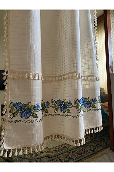 Cotopia ponponlu buldan perde kanaviçe işli ponpon perde yöresel bohem fon do...