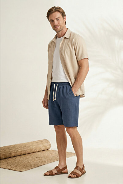 Sizce Moda Men's Navy Blue 100% Cotton Linen Muslin Shorts Comfortable Fit Su...