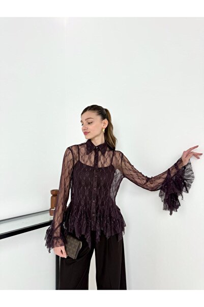 lallure design Kol Detay Dantelli Peplum Gömlek