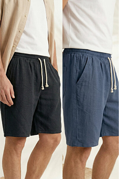 Sizce Moda Men's 2-Pack Black-Navy Blue 100% Cotton Linen Muslin Shorts Comfo...