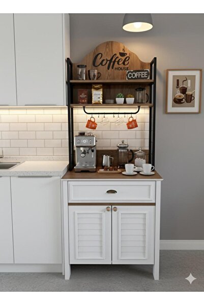 Dodef Wood Çok Amaçlı Kahve Köşesi ve Erzak Dolabı – Beyaz/Sepet Ceviz 80x210