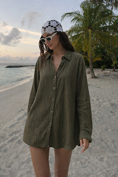 COMBİNE MİCHAİL Women's Linen Look Summer Khaki Loose Shirt