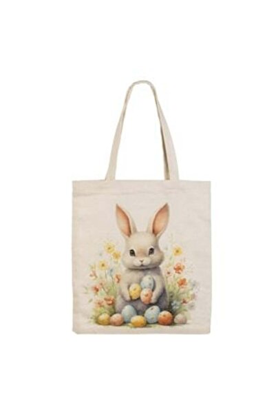 SHOPIENS Geantă cadou bej cu model iepuraș, ouă colorate și flori 29 x 31 cm