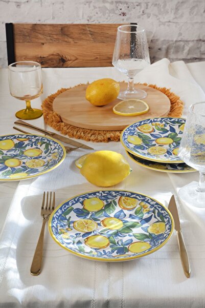 moontime alaçatı Ege Lemon Glow Pasta Tabağı 20 cm 4'lü Set, Şık ve Dayanıklı...