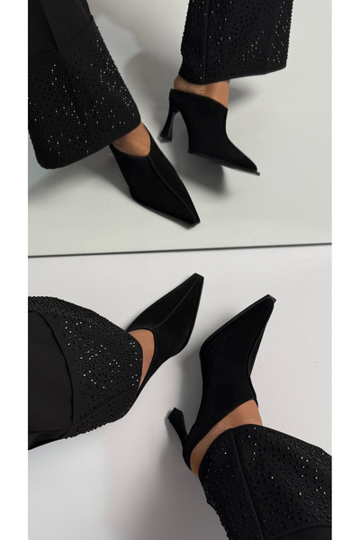 Naz Luxury Shoes MOİJA HAKİKİ DERİ TOPUKLU SİYAH SABO