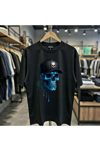 playwear Şapkalı Mavi Face Kuru Kafa Baskılı %100 Pamuk Oversize Bol Kalıp Re...