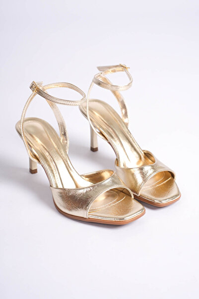 LEVONYA Milano Women's Gold Blunt Toe Single Band Open Toe Heeled Shoes