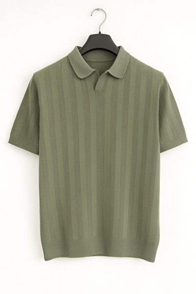 Edwox Ανδρικό πλεκτό μπλουζάκι με ανοιχτό γιακά χακί Cd103