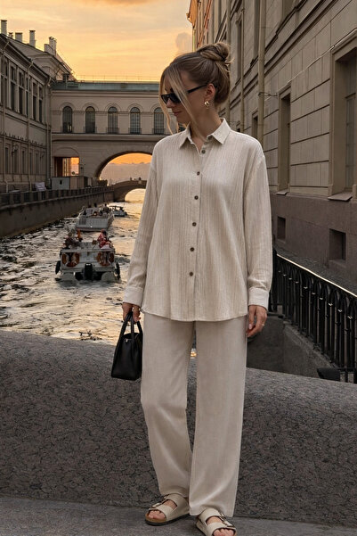 COMBİNE MİCHAİL Women's Linen Look Oversized Beige Shirt