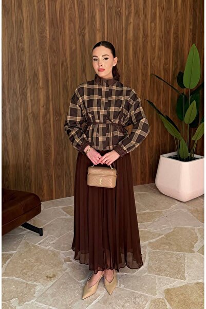 Almira Ekose Desenli Ceket Ve Şifon Piliseli Etekli Zarif Tesettür Takım