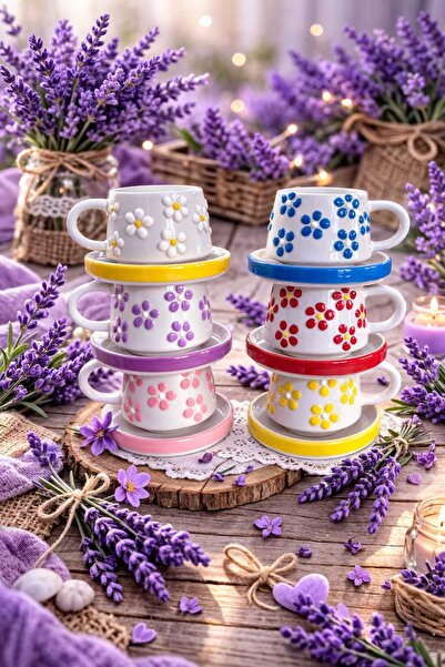 CEYU SERAMİK Papatya Desenli Seramik Kahve Kupa Seti (6’lı) – Renkli Altlıklı...