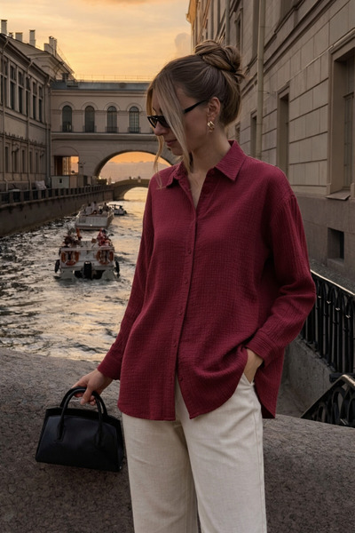COMBİNE MİCHAİL Women's Linen Look Oversized Burgundy Shirt