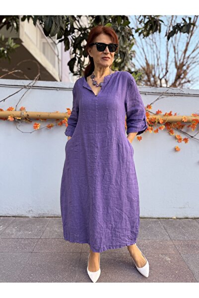 DenizEge Italian Back Elastic K Linen Dress Purple