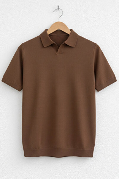 Edwox Men's Open Collar Plain Knitwear T-Shirt Brown Cd167