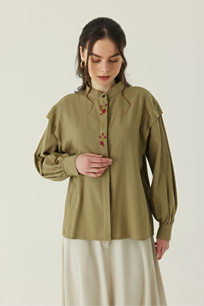 ZÜLAYS Çiçek Nakışlı Keten Gömlek Haki