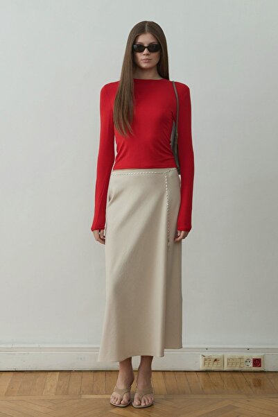 Suud Collection Beige Leda Elastic Waist Midi Skirt