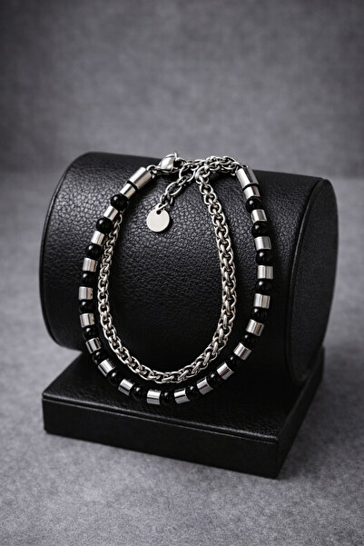 OSMANLI GÜMÜŞ Steel Men's Bracelet - Steel Bracelet with Onyx Natural Stone a...