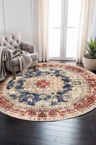 BigArts Home Vintage Madalyon Desenli Şönil Halı Yolluk ve Yuvarlak Kaymaz Ta...