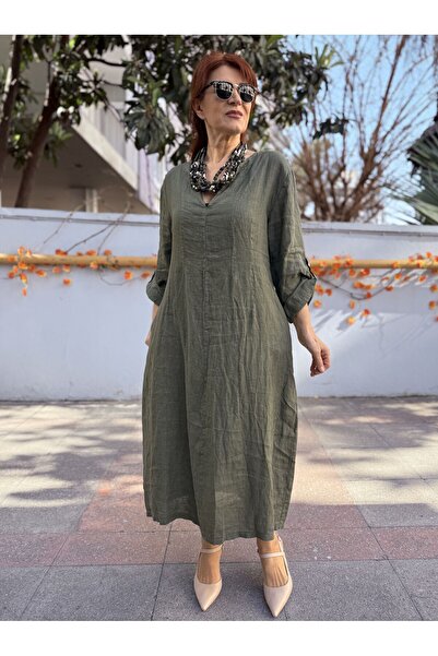 DenizEge Italian Back Elastic K Linen Dress Khaki
