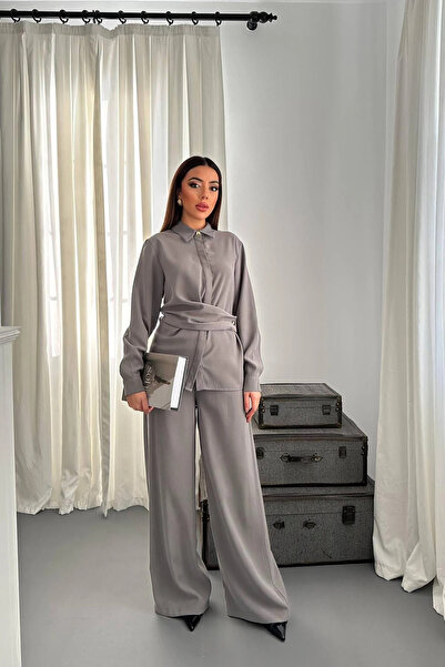 cemo Kadın Klasik Yaka Kemer Detaylı Gömlek Pantolon Takım