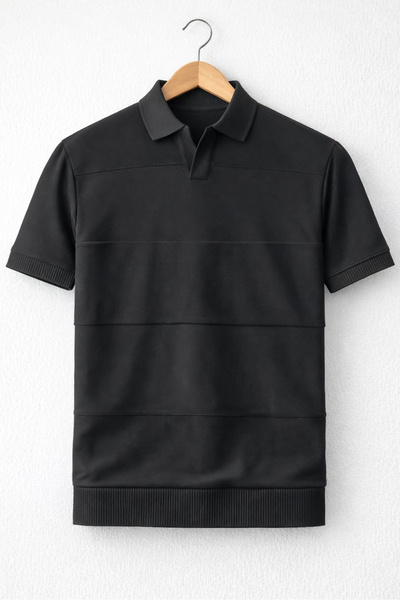 Edwox Ανδρικό πλεκτό μπλουζάκι με ανοιχτό γιακά σε μπλοκ χρώματα, μαύρο Cd174