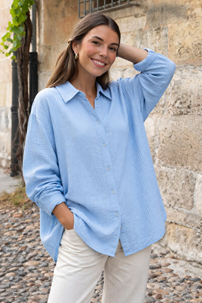 COMBİNE MİCHAİL Women's Cotton Pack Long Sleeve Oversized Blue Shirts