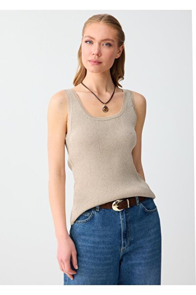 Jimmy Key Tricou tricotat cu decolteu în U, bej melanj, strâmt, croială