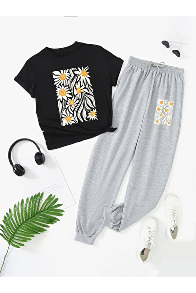 Flow touch Daisy Printed Oversized top and bottom tracksuit set