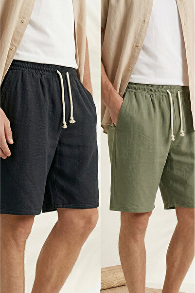 Sizce Moda Men's 2-Pack Black - Khaki 100% Cotton Linen Muslin Shorts Comfort...